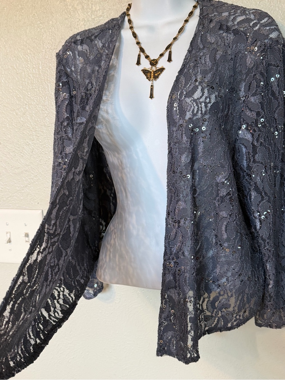 Alex Evenings Smokey Grey Iridescent Lace & Sequin Open Front Bolero Jacket 18W
